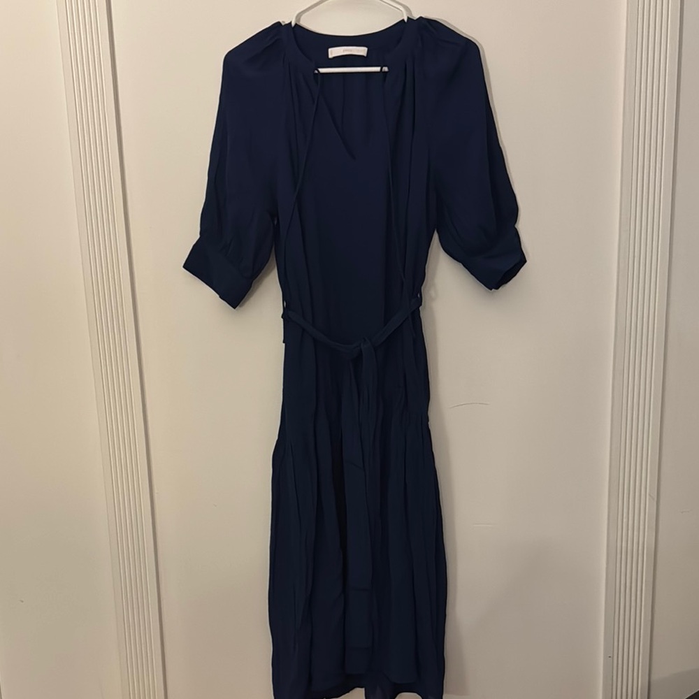 Mango Blue Midi Dress with cuffed 3/4 sleeves and tiered skirt